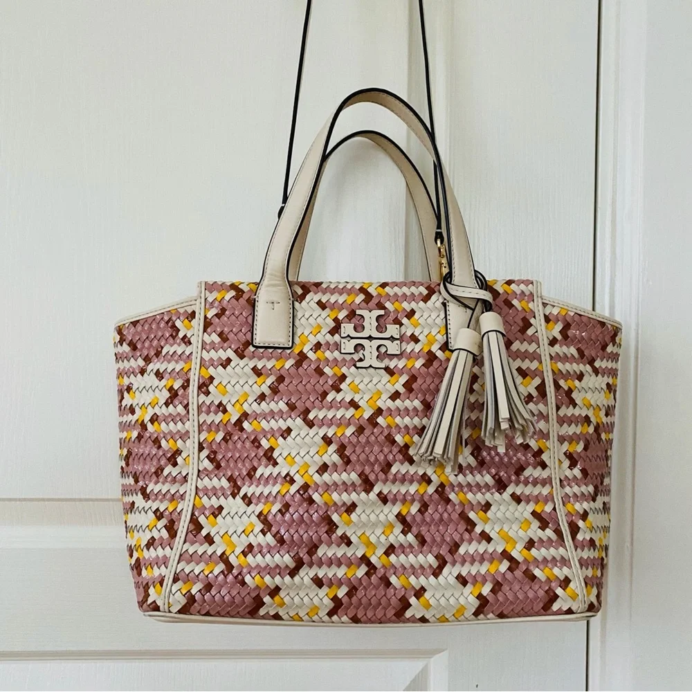 $595 Tory Burch Thea Woven Cream Pink Leather Tassels Crossbody Satchel Bag
